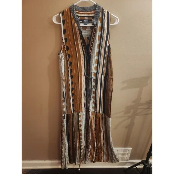 Anthropologie Maeve Alondra Tiered Pockets Tie Waist Maxi Dress Size 10 Boho - Picture 2 of 7